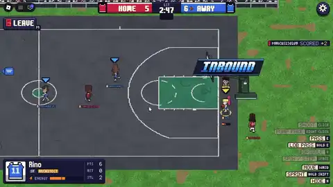 Pixel Basketball 5v5 court after a make, inbound and scoreboard