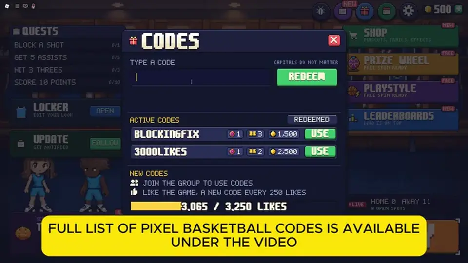 Pixel Basketball gift-box Codes panel with Type a Code, Redeem, BLOCKINGFIX, and 3000LIKES