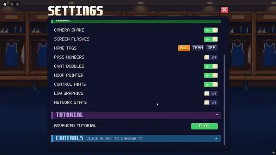 Pixel Basketball Settings with Controls click-a-key-to-change-it row