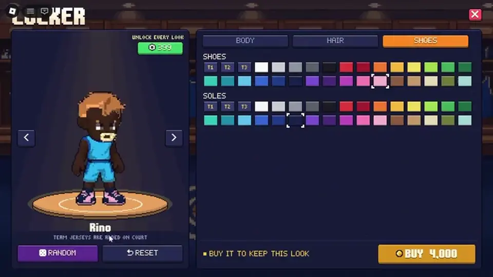 Pixel Basketball Locker with coin price, Random, and color slots