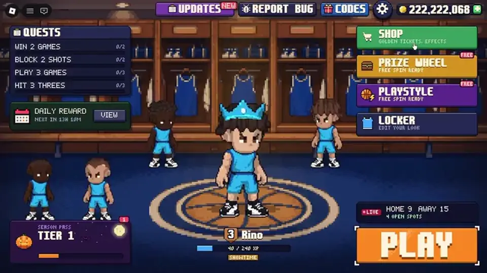 Pixel Basketball hub Play button with live score and open spots