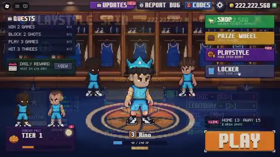 Pixel Basketball hub with Playstyle, Prize Wheel, and Locker